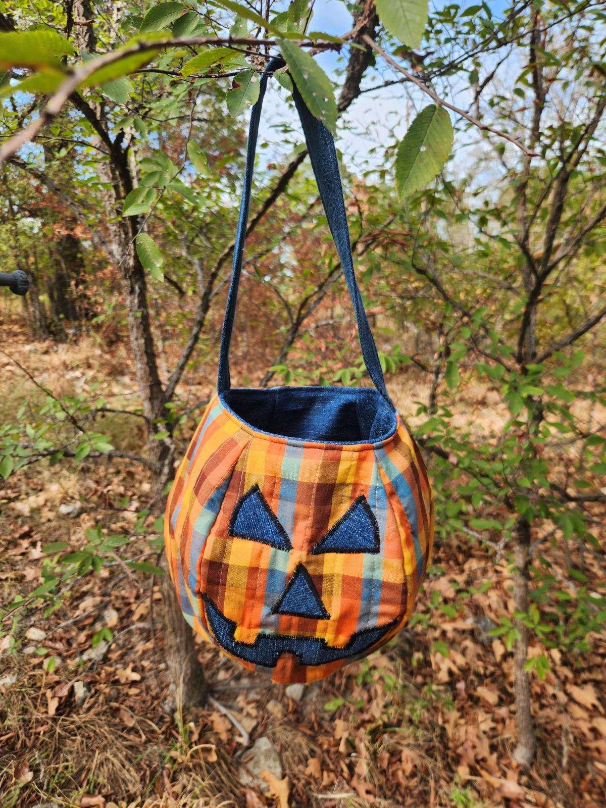 Handcrafted trick or treat Orange Plaid & Denim Pumpkin Bag